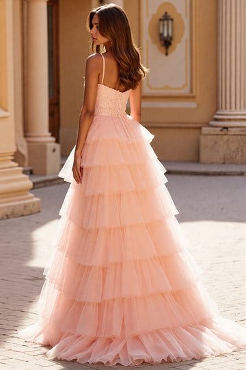 A Line Tiered Spaghetti Straps Blush Prom Dress With Slit